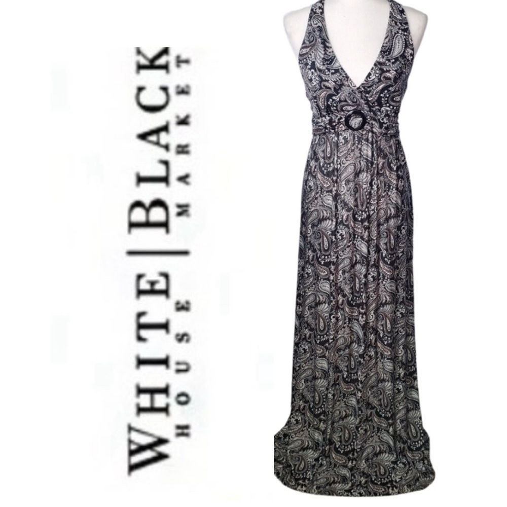 WHBM White‎ House Black Market Plunge Halter Neckline Paisley Maxi Dress Sz XS